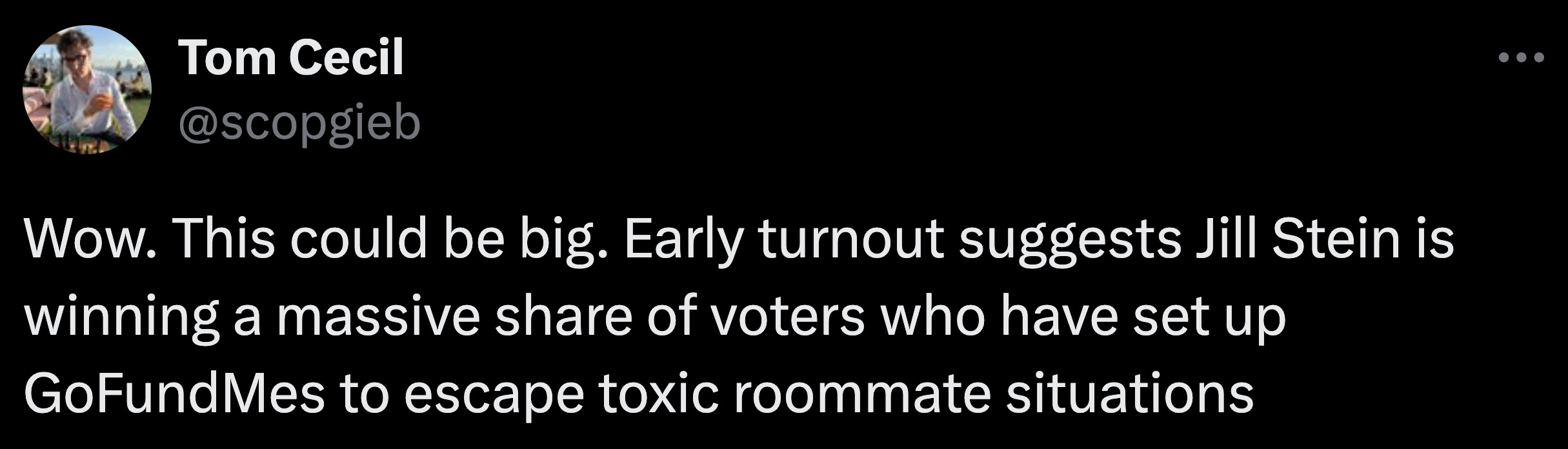 parallel - Tom Cecil Wow. This could be big. Early turnout suggests Jill Stein is winning a massive of voters who have set up GoFundMes to escape toxic roommate situations